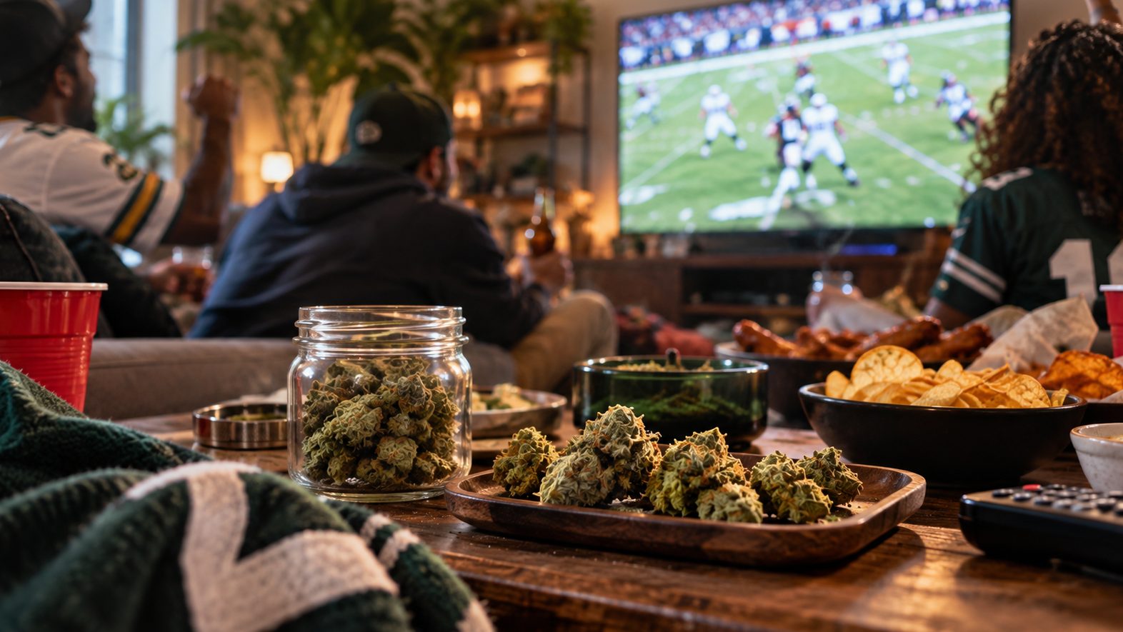 Friends watching football with cannabis jars and snacks on coffee table